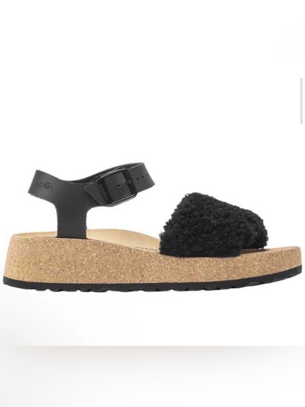 NEW Women’s Papillio Birkenstock Glenda Black Fuzzy Strap Sandals 7-7.5 38